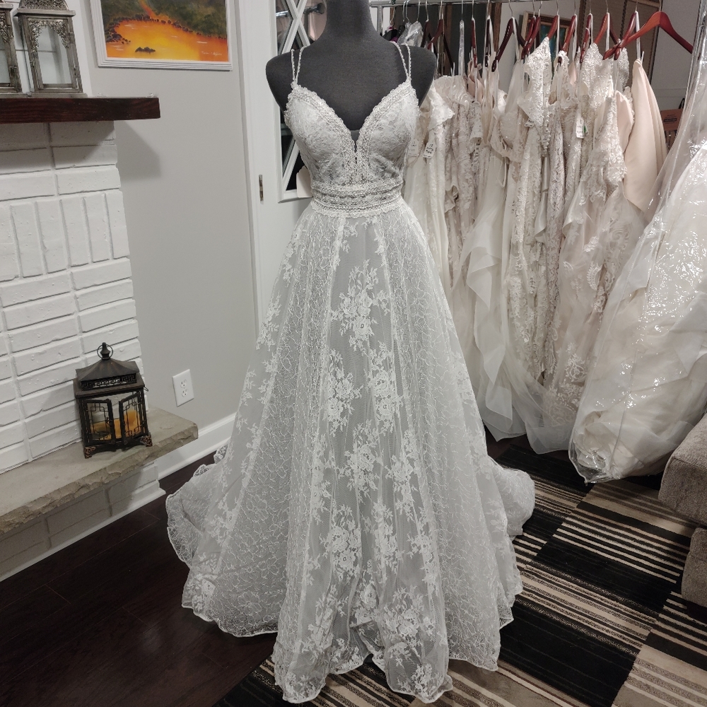 Ella Rosa BE505 Dove Grey/Ivory 14 BoHo Lace Wedding Dress